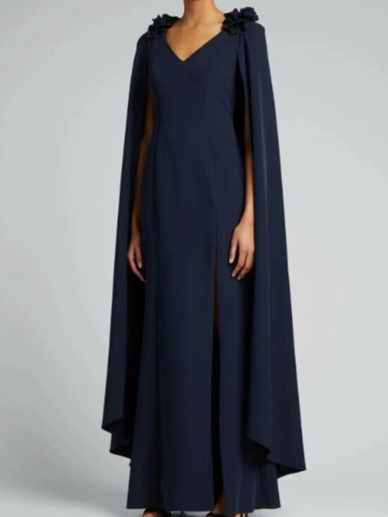 Marchesa Notte Dresses & Skirts - NEW Marchesa Notte Cape Effect Floral-Appliquéd Cady Gown Navy Blue Size 4